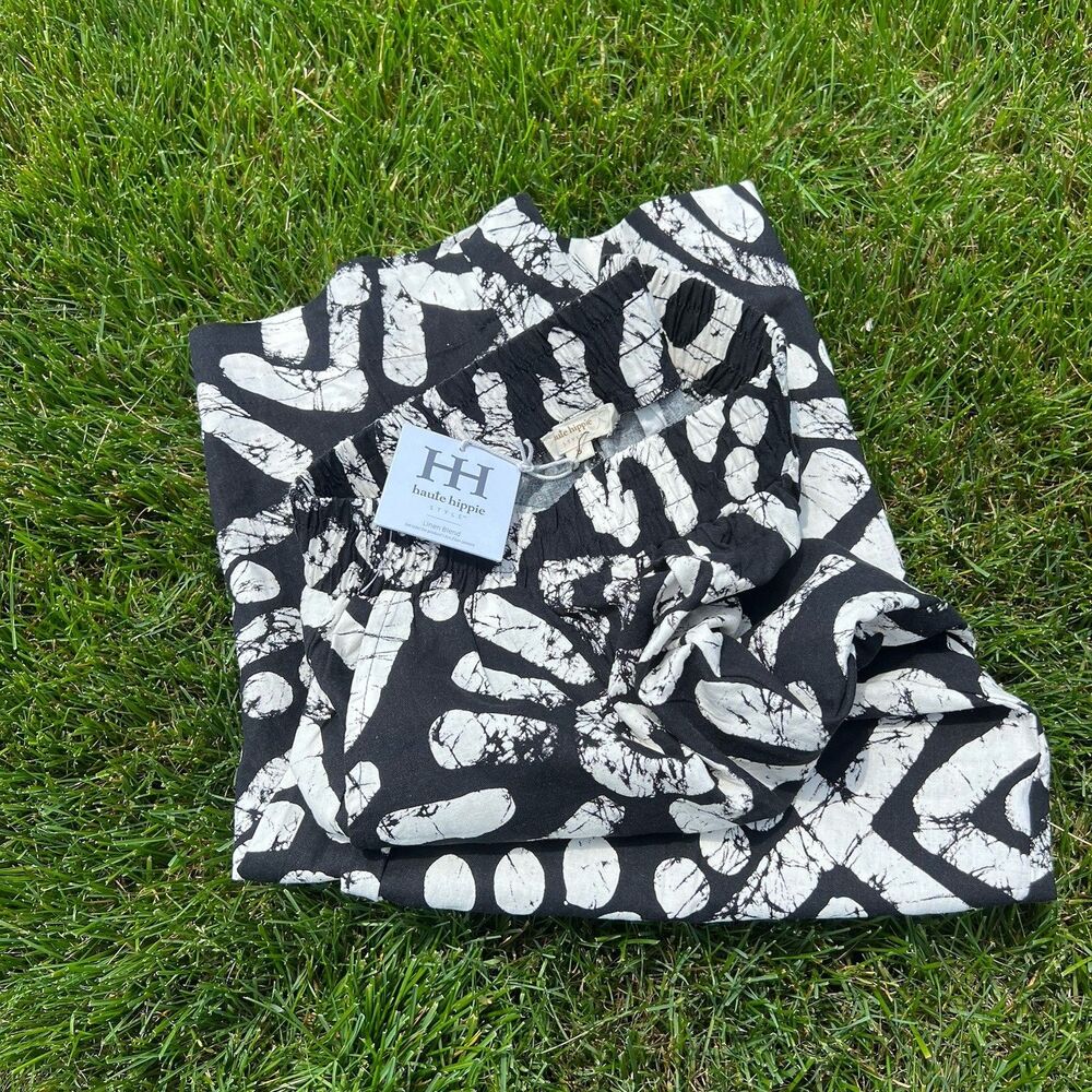 HAUTE HIPPIE Black White Funky Print Cotton Wide Leg Drawstring Pant NWT Small
